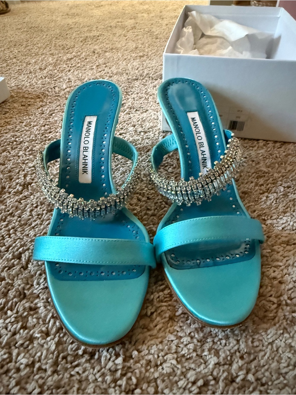 Manolo Blahnik Turquoise Crystal-Embellished Slide Heels